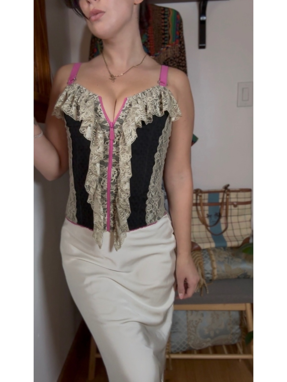 Vintage Morgan De Toi Women's Pink and black & cream lace corset size T36 - Picture 2 of 9